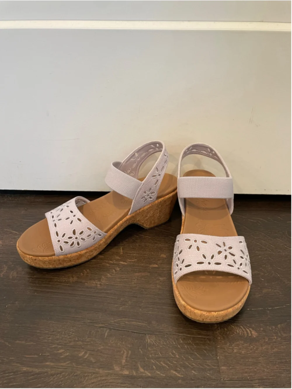 Women's Skechers Brystol Platform Wedge Sandals Lavender Floral Cutout Cork Heel